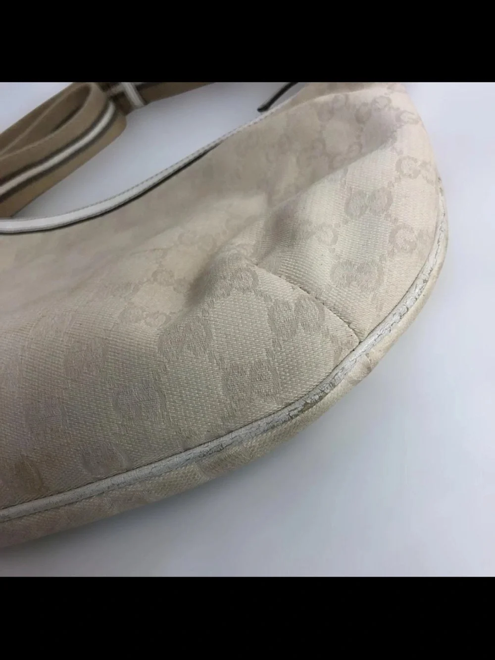 Gucci Beige Monogram Shoulder Bag with Striped Canvas Strap